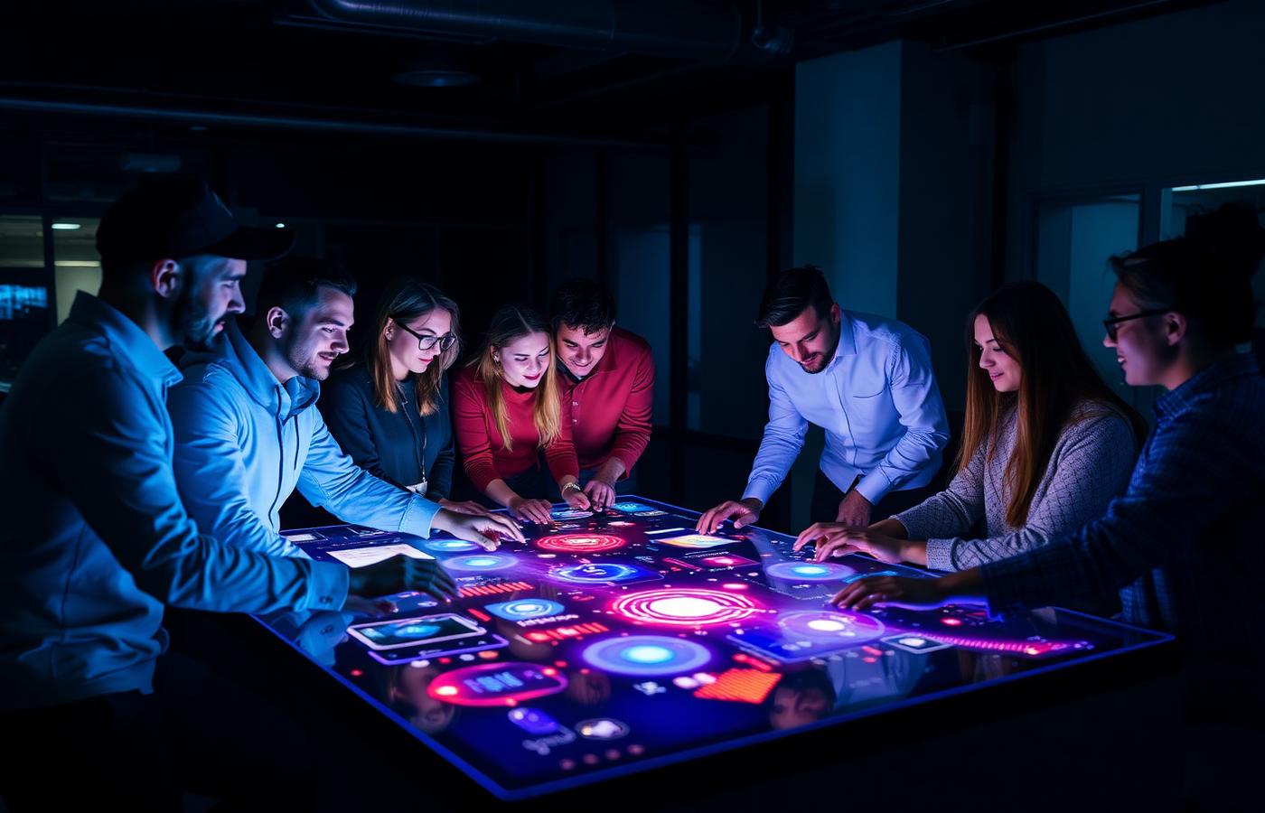 Team collaborating around a digital table